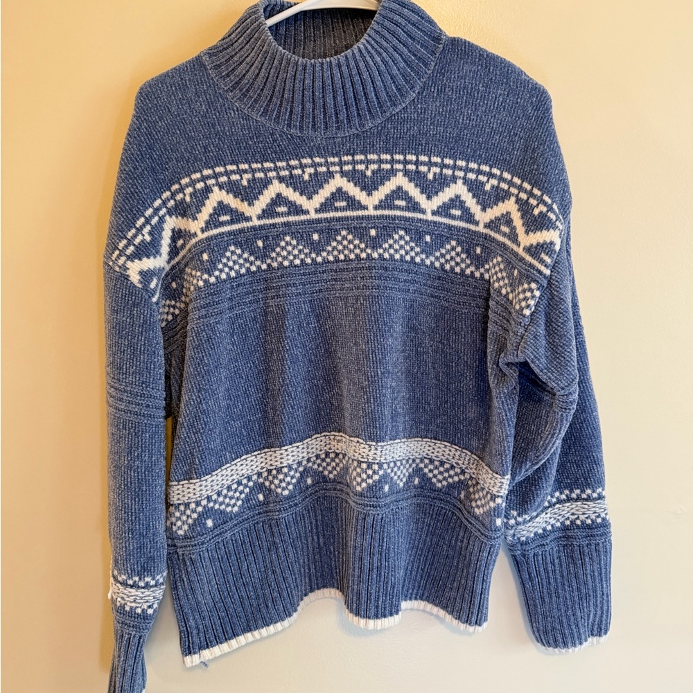 Christian Siriano Blue and Cream Fair Isle Turtleneck Sweater